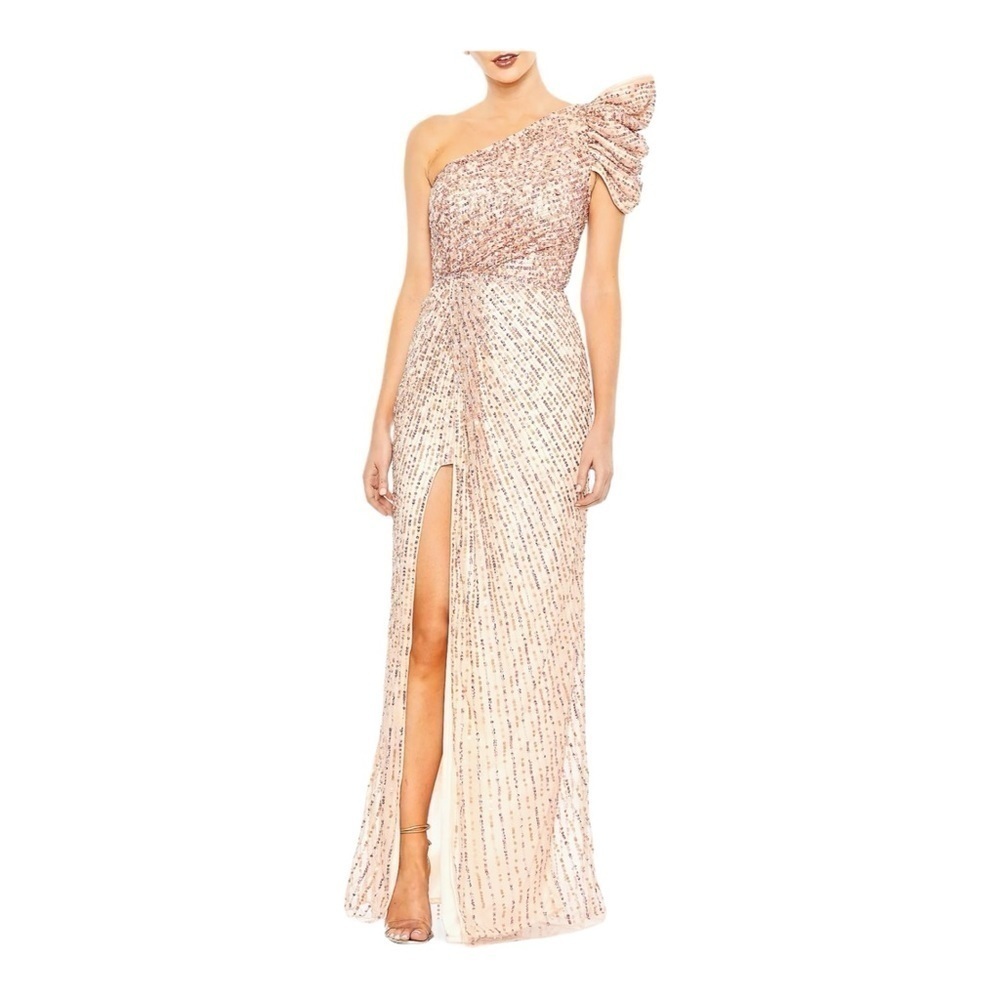 Mac Duggal One-Shoulder Sequined Stripe Gown in Apricot NWOT